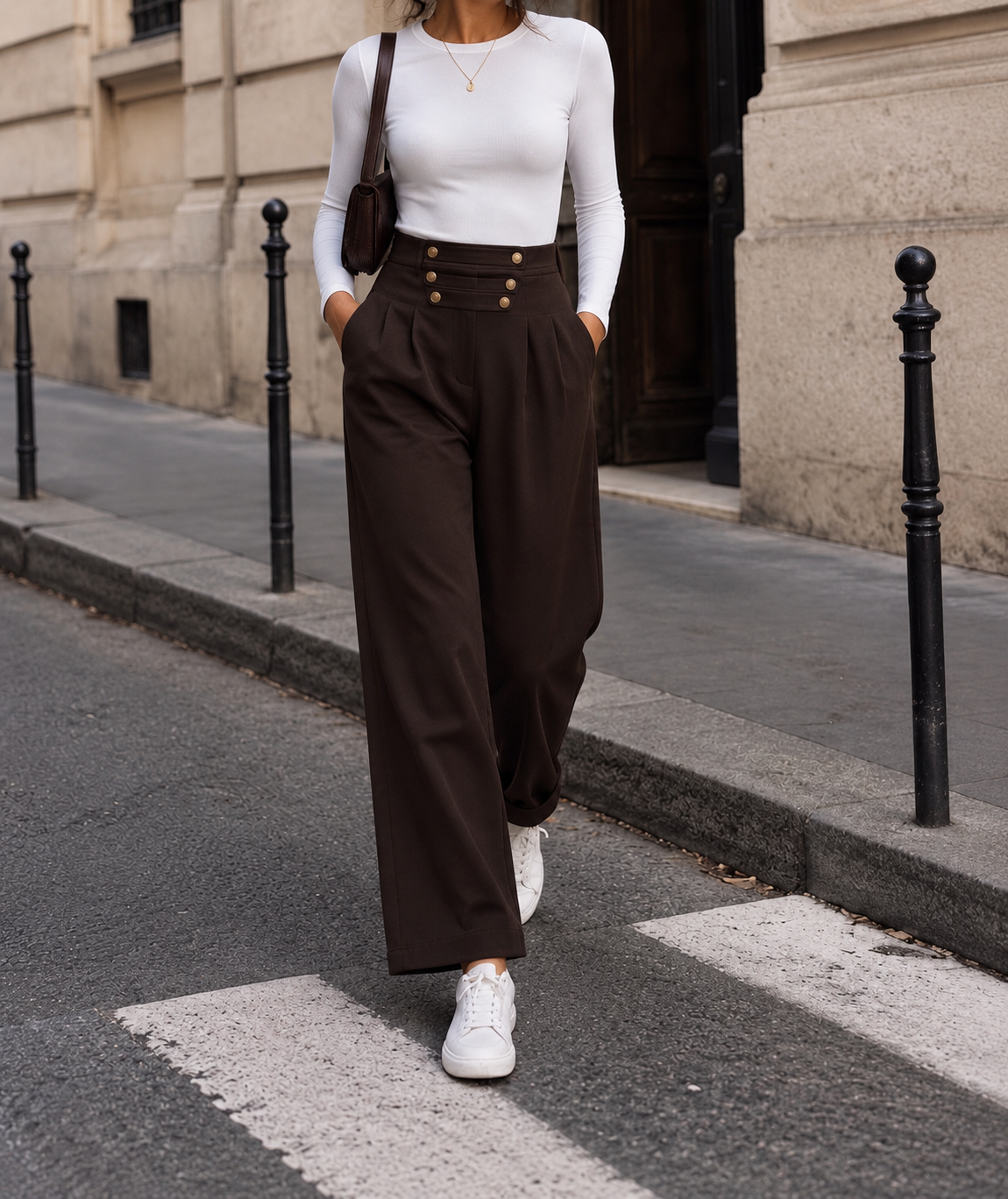 Amelia high-Waisted Gold Button Wide Leg Trousers – Chocolate
